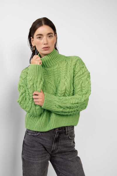 WithBlack: Modell 'Wblelvira LS Cable Pullover - Bright Lime Green'